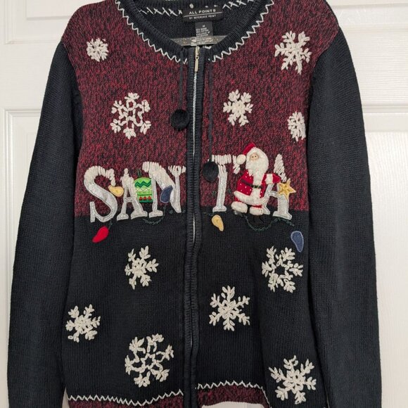 All Points Embroidered Santa Cardigan Womens Size Small Black Winter Full Zip - Picture 2 of 10